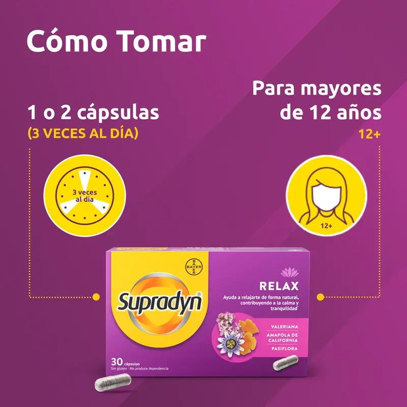 Supradyn Relax, Calme et Tranquillité avec Passiflore et Valériane, 30 Capsules