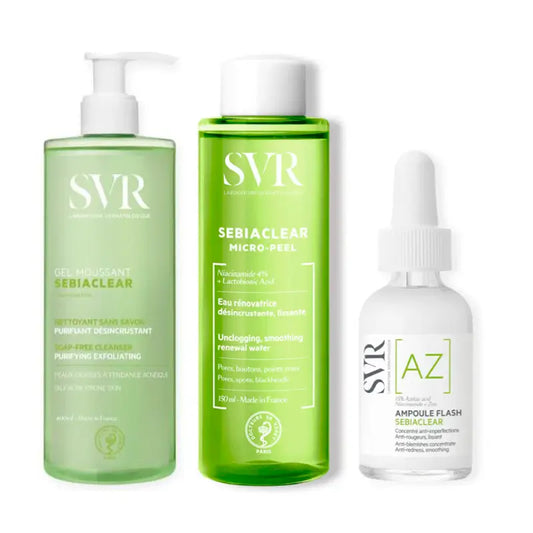 Svr Pack Acné Acne Skin Routine Sebiaclear Ampoule Flash, 30 Ml + Sebiaclear Gel Mousse 400 Ml + Sebiaclear Micro Peel 150 Ml