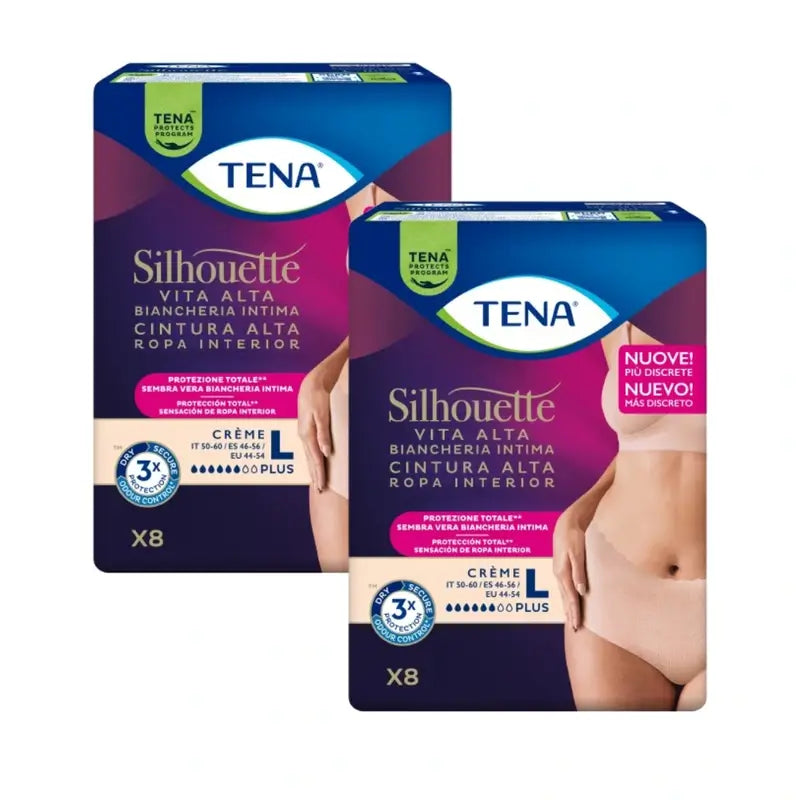 Tena Pack Silhouette Crème Plus Taille Haute Taille L, 2 X 8 Unités