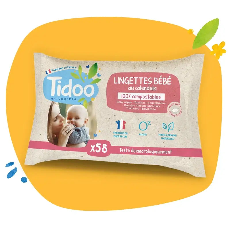 Tidoo Lingettes au Calendula Avec Lingettes Parfumées Bio , 58 unités