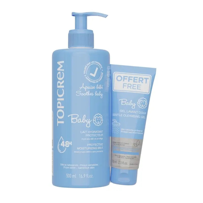 Pack Topicrem Lait hydratant pour bébé 500 ml + Gel nettoyant pour bébé 75 ml Cadeau gratuit