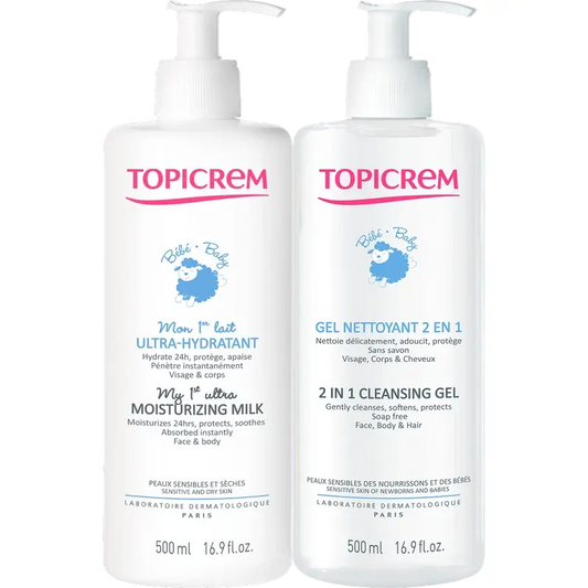 Pack Topicrem Lait ultra-hydratant pour bébé 500 ml + Gel nettoyant 500 ml