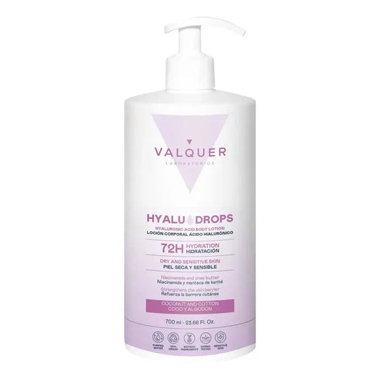 Valquer Hyaludrops Lotion corporelle à la noix de coco et au coton, 72 h d'hydratation, 700 ml