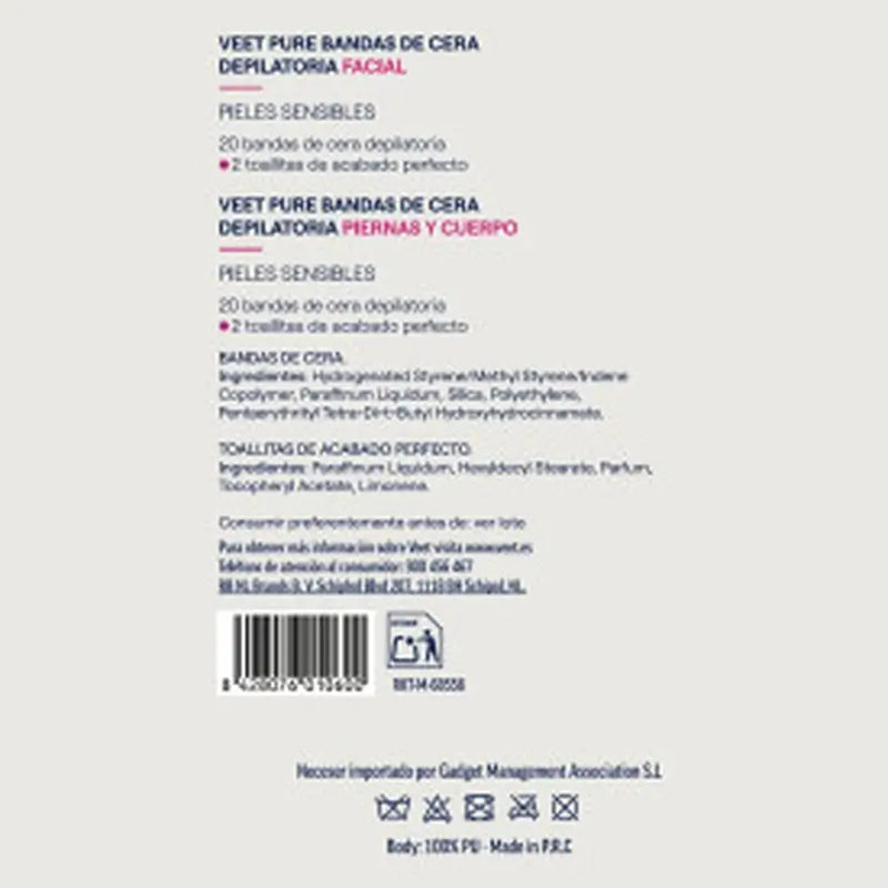 Bandes de cire épilatoire VEET Pure Toilet Bag (20 visage + 20 corps)