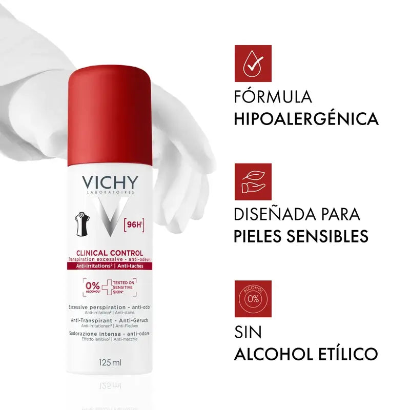 Vichy Clinical Control 96h pour femme, déodorant anti-transpirant en spray, 125 ml
