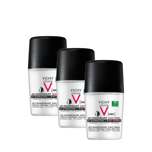 Vichy Homme Déodorant 48 h anti-transpirant et anti-taches, roll-on, 50 ml, lot de 3