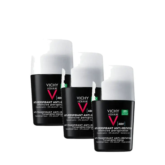 Vichy Homme Déodorant 48 h pour peaux sensibles, roll-on, 50 ml, lot de 3