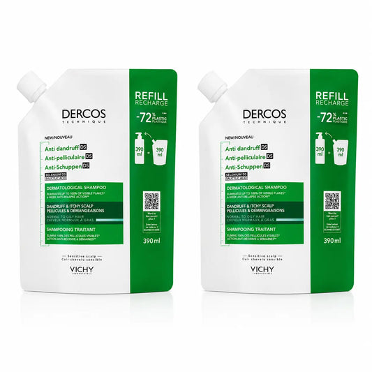 Vichy Pack Vichy Dercos Technique Ecorefill Shampooing antipelliculaire gras, 390 Ml, x2