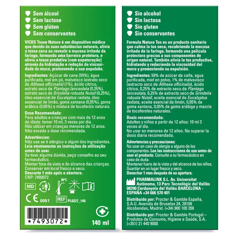 Vicks Formula Natura Toux sèche et productive, 140 ml