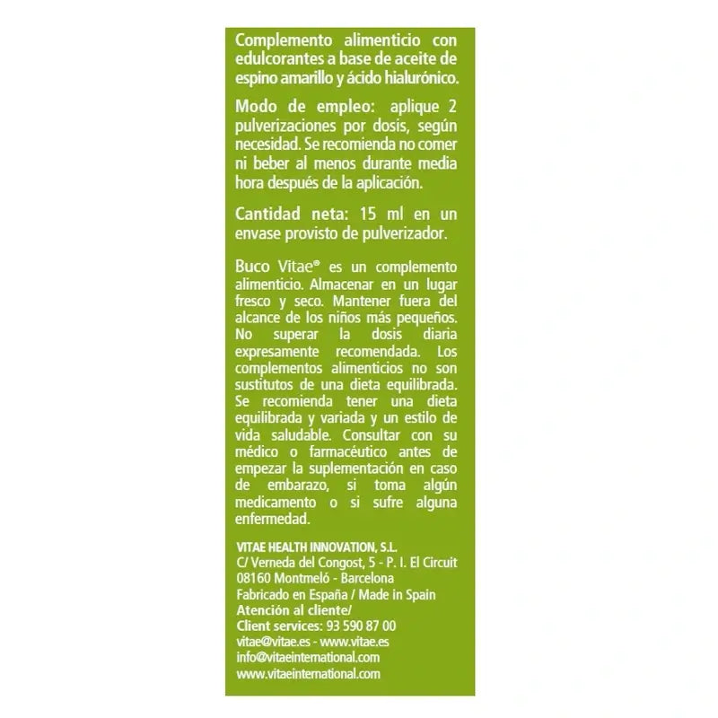 Buco Vitae avec vaporisateur 15 ml - À l'oméga 7 et à l'acide hyaluronique