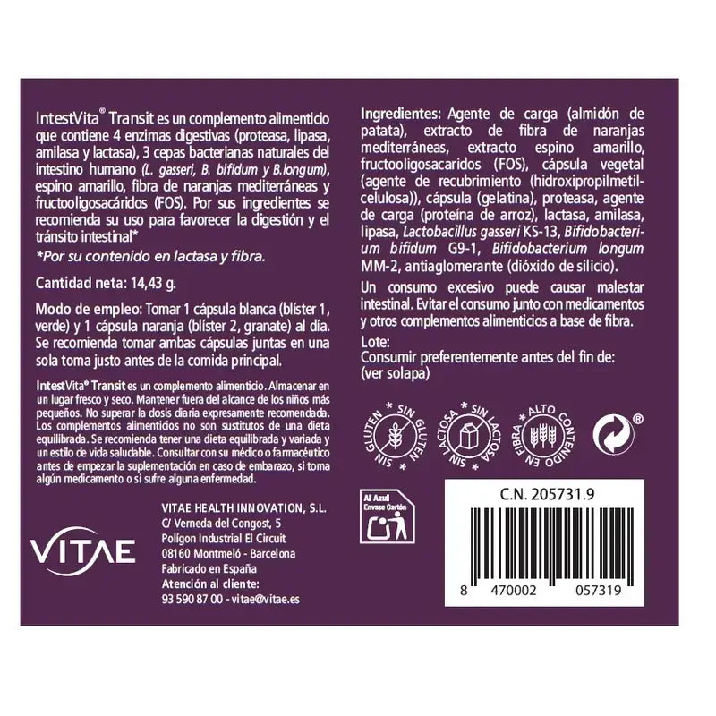 IntestVita Transit 30 gélules - À base de fibres et de probiotiques