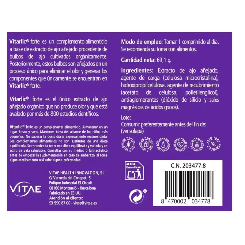 Vitarlic Forte 60 comprimés - Ail vieilli pour la santé cardiovasculaire