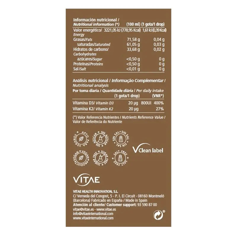 Vitae Vitamine D3K2 10 ml - Vitamines D3 et K2 pour les os et le système immunitaire