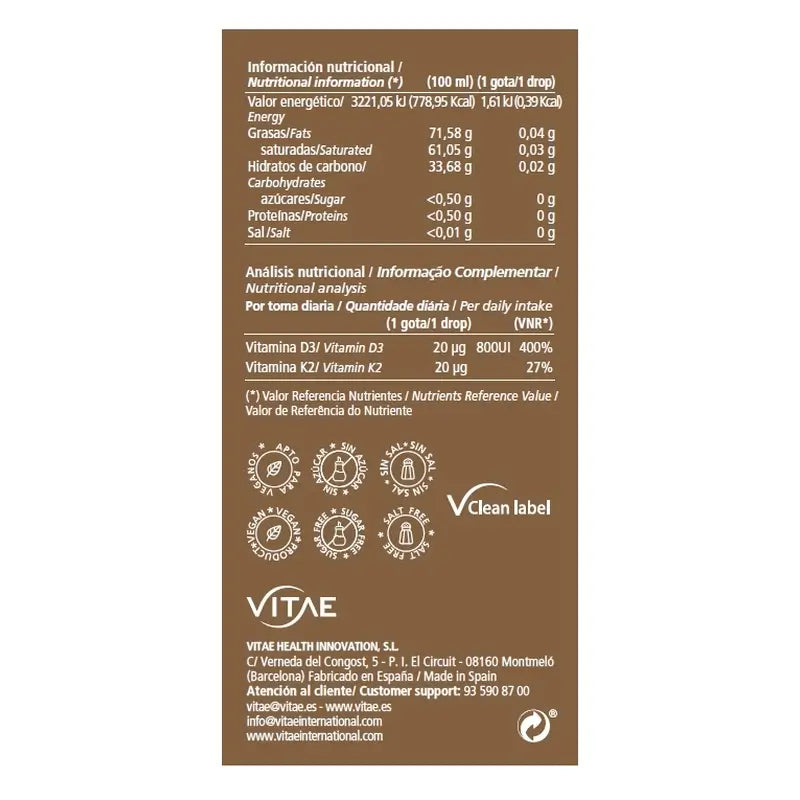 Vitae Vitamine D3K2 10 ml - Vitamines D3 et K2 pour les os et le système immunitaire