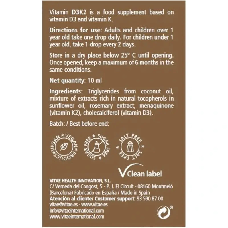 Vitae Vitamine D3K2 10 ml - Vitamines D3 et K2 pour les os et le système immunitaire