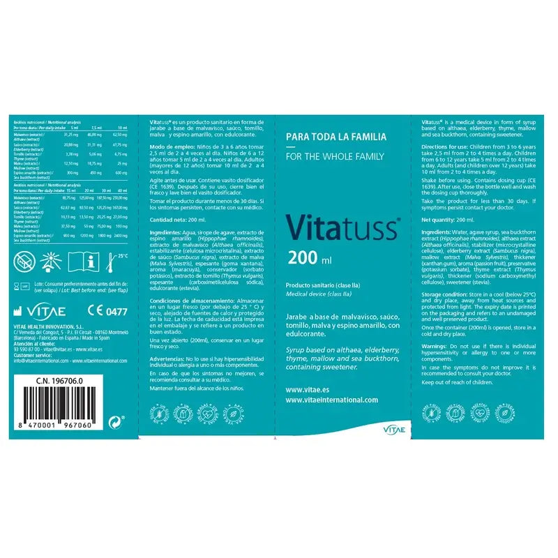 Vitatuss 200 ml - Sirop contre la toux à base d'extraits végétaux
