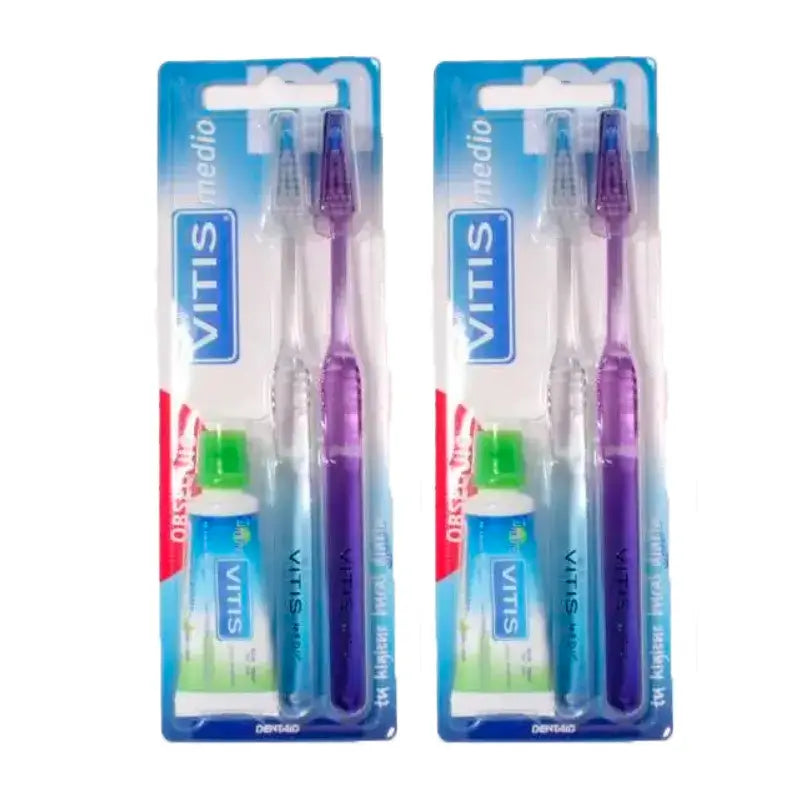 VITIS Brosse à dents moyenne + Dentifrice anti-cavité Pack 2 x 15 ml