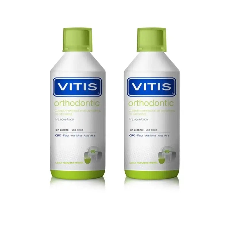 Vitis Orthodontic Rince-bouche aromatisé à la pomme et à la menthe, 2X500 ml