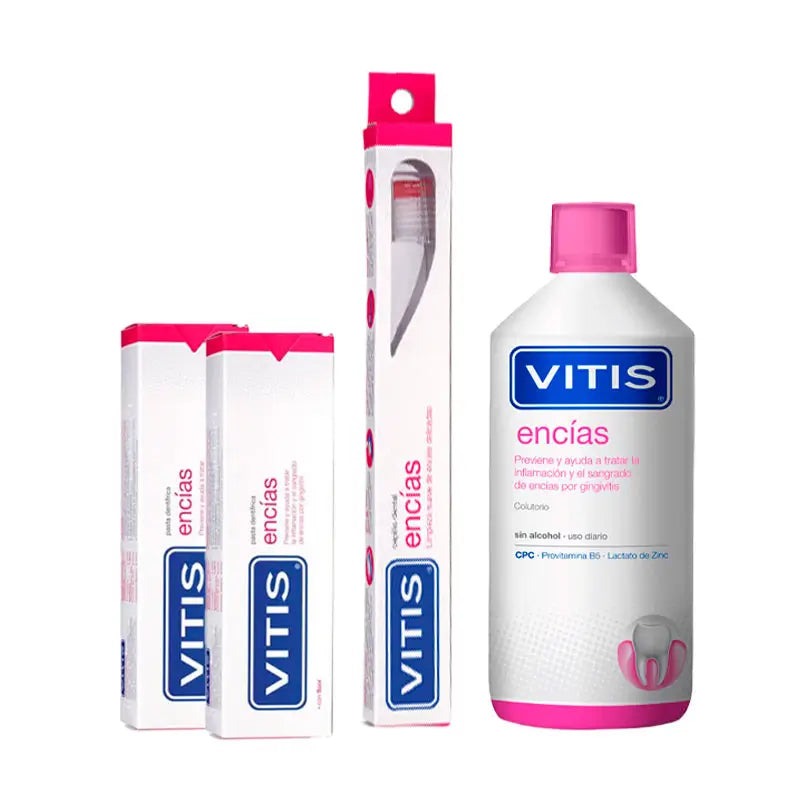 VITIS Protect your Gums Pack (Bain de bouche 1000ml+ Dentifrice gencives 2x100ml+Brosse à dents gencives sensibles)